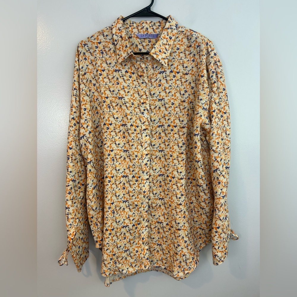 NWT La Porte Yellow Floral Linen Blend Button Down Tie Wrist Top/Blouse Large